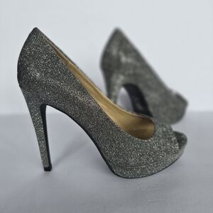 Chinese Laundry Silver Glitter Peep-Toe Stiletto Pumps